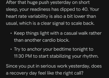 A screenshot of a chat with Google’s AI health coach asking if a recovery day feels like the right call.
