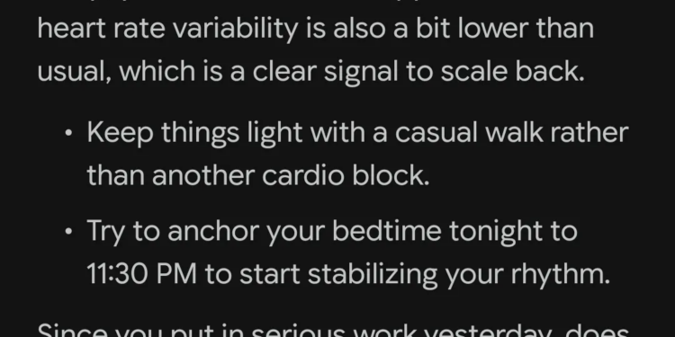 A screenshot of a chat with Google’s AI health coach asking if a recovery day feels like the right call.