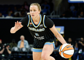 Chicago Sky guard Hailey van Lith (2) drives to the basket during the first half of a WNBA preseason game against the Atlanta Dream at Wintrust Arena.