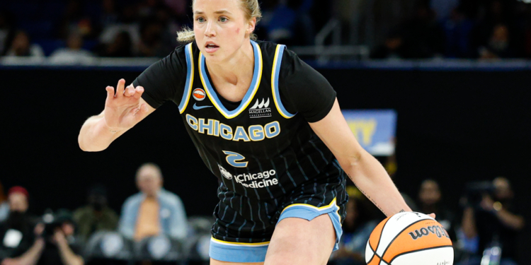 Chicago Sky guard Hailey van Lith (2) drives to the basket during the first half of a WNBA preseason game against the Atlanta Dream at Wintrust Arena.