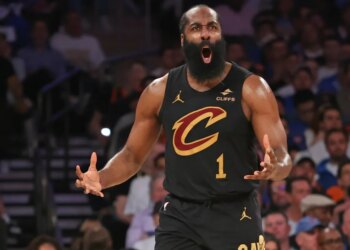James Harden, who had a rough Game 1, reacts after scoring during the third quarter of the Knicks' 115-104 Game 1 overtime win over the Cavaliers on May 19, 2026 at the Garden.