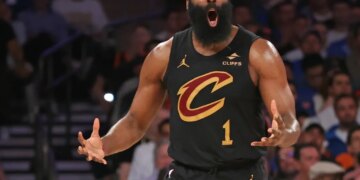 James Harden, who had a rough Game 1, reacts after scoring during the third quarter of the Knicks' 115-104 Game 1 overtime win over the Cavaliers on May 19, 2026 at the Garden.