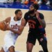 Evan Mobley, who struggled after a quick start, drives on Mitchell Robinson during the Knicks' 109-93 Game 2 blowout win over the Cavaliers on May 21, 2026 at the Garden.