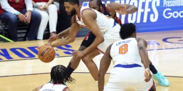 Mikal Bridges steals the ball from James Harden during the Knicks' 121-108 Game 3 win over the Cavaliers on May 23, 2026 in Cleveland.