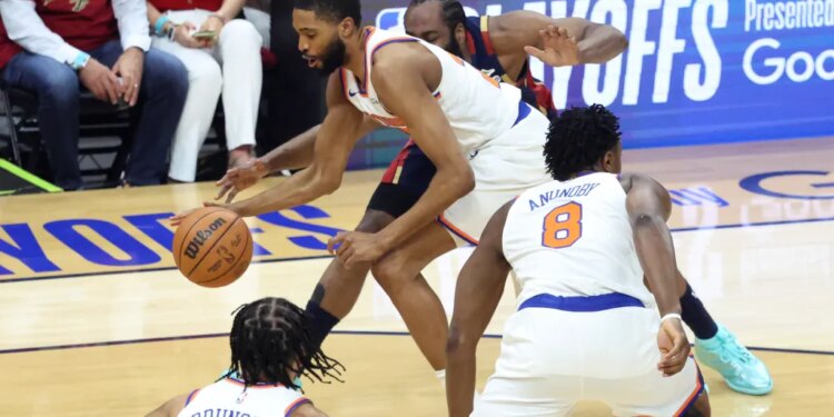 Mikal Bridges steals the ball from James Harden during the Knicks' 121-108 Game 3 win over the Cavaliers on May 23, 2026 in Cleveland.