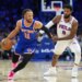 Knicks guard Jalen Brunson (11) drives against 76ers forward Paul George (8) during Game 4 on May 10, 2026.