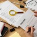 A person reviewing a resume, with other resumes, office supplies, and a magnifying glass on a wooden desk.