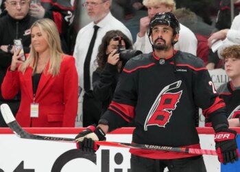 May 21, 2026; Raleigh, North Carolina, USA; Carolina Hurricanes center Seth Jarvis (24) looks on during warmups before game one of the Eastern Conferene Final against the Montreal Canadiens of the 2026 Stanley Cup Playoffs at Lenovo Center. Mandatory Credit: James Guillory-Imagn Images