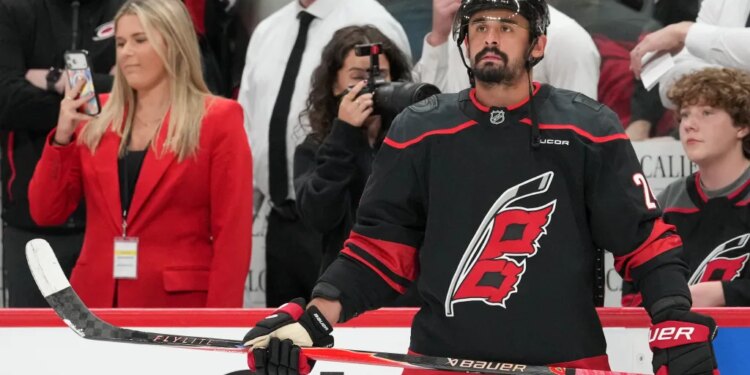 May 21, 2026; Raleigh, North Carolina, USA; Carolina Hurricanes center Seth Jarvis (24) looks on during warmups before game one of the Eastern Conferene Final against the Montreal Canadiens of the 2026 Stanley Cup Playoffs at Lenovo Center. Mandatory Credit: James Guillory-Imagn Images
