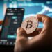 A person holds a Bitcoin coin while looking at a cryptocurrency trading app on a smartphone, with charts and graphs on a blurred screen in the background.