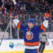 New York Islanders defenseman Matthew Schaefer (48) reacts to a goal by New York Islanders left wing Anders Lee (27) during the first period when the New York Islanders played the Chicago Blackhawks Tuesday, March 24, 2026 at UBS Arena in Elmont, NY.