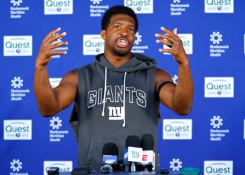 Giants quarterback Jameis Winston responds to questions from reporters during football practice, Friday, May 29, 2026, in East Rutherford, N.J.