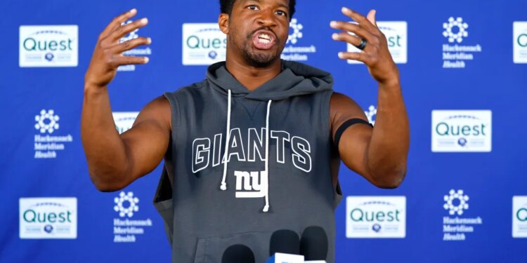 Giants quarterback Jameis Winston responds to questions from reporters during football practice, Friday, May 29, 2026, in East Rutherford, N.J.