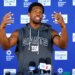 Giants quarterback Jameis Winston responds to questions from reporters during football practice, Friday, May 29, 2026, in East Rutherford, N.J.