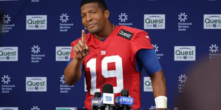 New York Giants quarterback Jameis Winston #19, gestures while speaking to the media after practice at the New York Giants training facility in East Rutherford, New Jersey