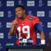 New York Giants quarterback Jameis Winston #19, gestures while speaking to the media after practice at the New York Giants training facility in East Rutherford, New Jersey