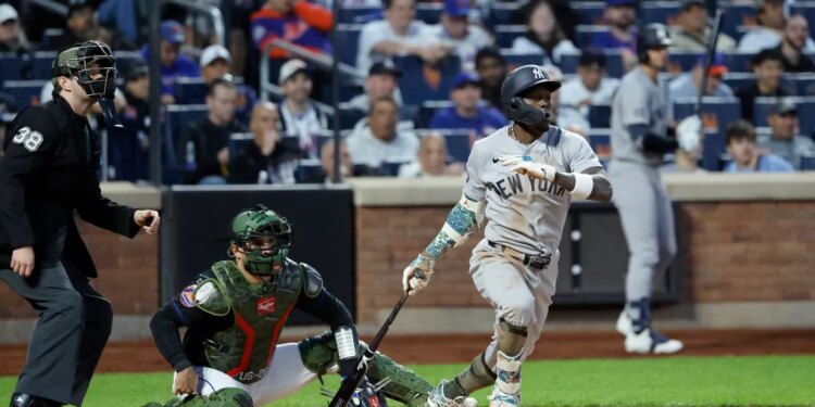 New York Yankees second baseman Jazz Chisholm Jr. (13) hits a two-run RBI double during the third inning during the Subway Series at Citi field in the Queens, New York, USA, Friday, May 15, 2026.