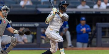 Jazz Chisholm Jr. (13) of the New York Yankees grounds out against the Toronto Bluejays.