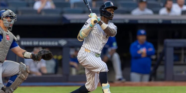 Jazz Chisholm Jr. (13) of the New York Yankees grounds out against the Toronto Bluejays.