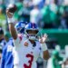 New York Giants quarterback Russell Wilson (3) warms up before a game against the Philadelphia Eagles.