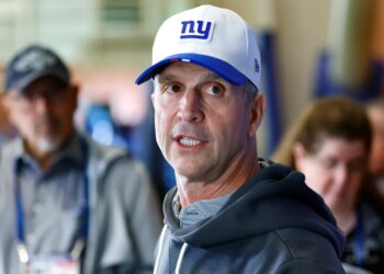 John Harbaugh speaks to reporters at Giants OTAs on May 21, 2026.