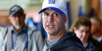 John Harbaugh speaks to reporters at Giants OTAs on May 21, 2026.