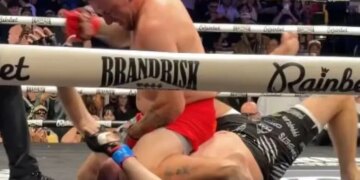 Johnny Manziel beats down and makes quick work of social media influencer Bob Menery in a 205-pound bout at the UFC Apex in Las Vegas on May 23, 2026.