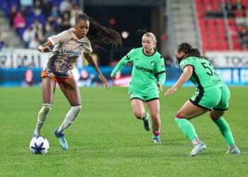 Gotham FC forward Jordynn Dudley plays the ball against Boston Legacy FC forward Bianca St-Georges during the second half.