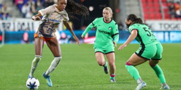 Gotham FC forward Jordynn Dudley plays the ball against Boston Legacy FC forward Bianca St-Georges during the second half.