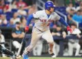 New York Mets' Juan Soto running on a ground out.