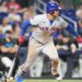 New York Mets' Juan Soto running on a ground out.