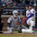 Juan Soto (r.) fouls a ball off his foot during the third inning of the Mets' win over the Tigers on May 13, 2026.