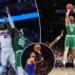 An image collage containing 3 images, Image 1 shows Joel Embiid shooting against Neemias Queta during a basketball game, Image 2 shows Jayson Tatum of the Boston Celtics shoots a three-point basket while guarded by a Philadelphia 76ers player, Image 3 shows New York Knicks center Karl-Anthony Towns (32) shooting a free throw against the Atlanta Hawks