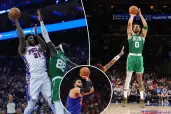An image collage containing 3 images, Image 1 shows Joel Embiid shooting against Neemias Queta during a basketball game, Image 2 shows Jayson Tatum of the Boston Celtics shoots a three-point basket while guarded by a Philadelphia 76ers player, Image 3 shows New York Knicks center Karl-Anthony Towns (32) shooting a free throw against the Atlanta Hawks