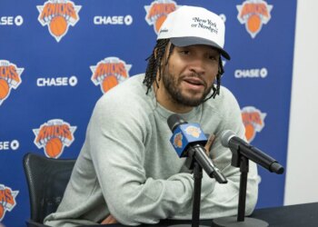 Jalen Brunson talks with reporters during Knicks practice on May 28, 2026 in Tarrytown, N.Y.