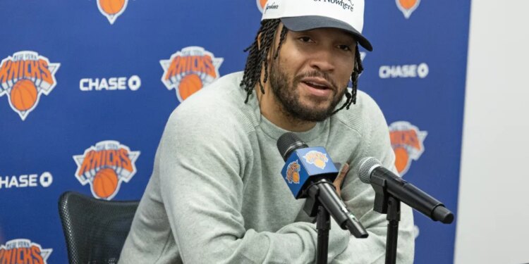 Jalen Brunson talks with reporters during Knicks practice on May 28, 2026 in Tarrytown, N.Y.