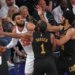 Cleveland Cavaliers guard James Harden #1 and Cleveland Cavaliers center Jarrett Allen #31 double team New York Knicks center Karl-Anthony Towns #32 during the second quarter.