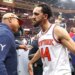 Landry Shamet celebrates with Knicks great John Starks after their 121-108 Game 3 win over the Cavaliers on May 23, 2026 in Cleveland.