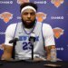 Mitchell Robinson speaking at a press conference after New York Knicks practice.