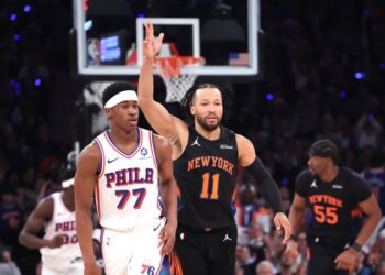 Jalen Brunson celebrates hitting a 3-pointer during Game 2 against the 76ers on May 6, 2026.