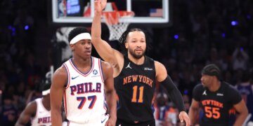 Jalen Brunson celebrates hitting a 3-pointer during Game 2 against the 76ers on May 6, 2026.