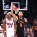 Jalen Brunson celebrates hitting a 3-pointer during Game 2 against the 76ers on May 6, 2026.