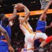 Ariel Hukporti (left) blocks Jalen Johnson's shot during the fourth quarter of the Knicks' 140-89 Game 6 series-clinching win over the Hawks on April 30, 2026 in Atlanta.