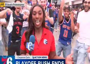 An image collage containing 1 images, Image 1 shows 6abc's Cheyenne Corin was swamped by Knicks fans after the swept the 76ers on Sunday