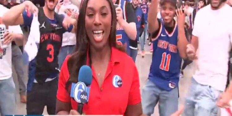 An image collage containing 1 images, Image 1 shows 6abc's Cheyenne Corin was swamped by Knicks fans after the swept the 76ers on Sunday