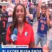 An image collage containing 1 images, Image 1 shows 6abc's Cheyenne Corin was swamped by Knicks fans after the swept the 76ers on Sunday