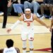 New York Knicks guard Josh Hart reacts on the court.