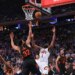 Karl-Anthony Towns forces James Harden into an off-balanced shot during the Knicks' 109-93 Game 2 win over the Cavaliers on May 21, 2026 at the Garden.