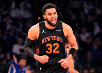 New York Knicks center Karl-Anthony Towns reacts during the second half of Game 2 in a second-round NBA basketball playoffs series against the Philadelphia 76ers, Wednesday, May 6, 2026, in New York.