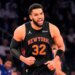 New York Knicks center Karl-Anthony Towns reacts during the second half of Game 2 in a second-round NBA basketball playoffs series against the Philadelphia 76ers, Wednesday, May 6, 2026, in New York.